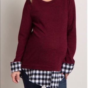 Burgundy Plaid Shirttail Accent Knit Maternity Top